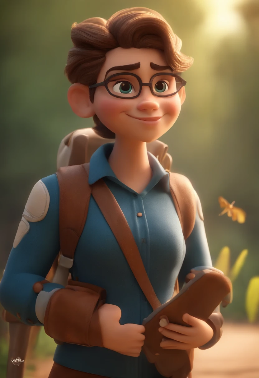 A cartoon character with glasses and a backpack is holding a cell phone -  SeaArt AI