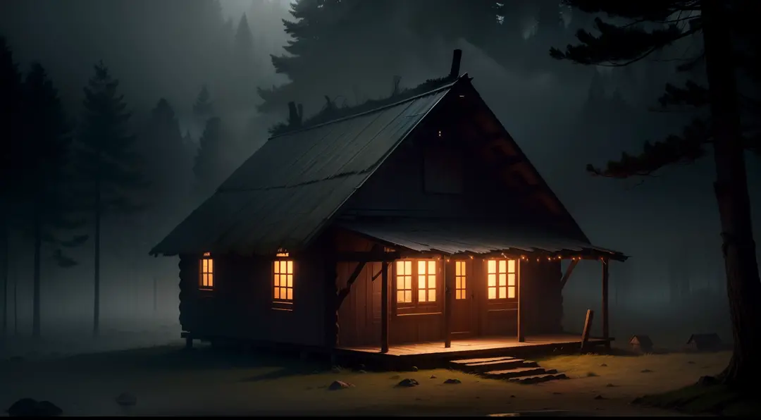 A rustic wooden hut in the forest, sombria, com atmosfera de terror, em uma noite assustadora, shrouded in dense fog and overcast skies, in a deep darkness.
