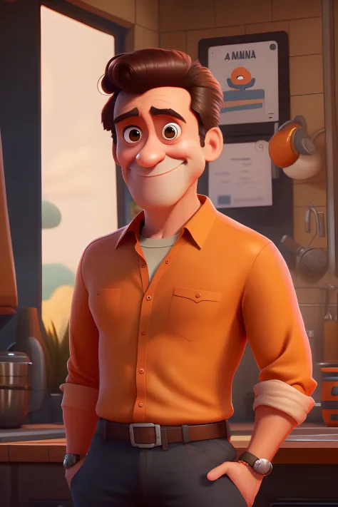 Man in orange shirt and black pants standing in a kitchen, Como um personagem da Pixar, pixarman rendering rendering, renderizar na pixar, pixar 3 d animation style, pixar retrato 8 k foto, animation character, Arnold Maya render, Representado como um pers...
