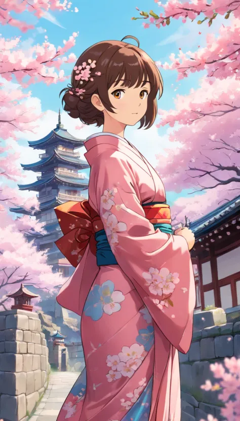 comic strip，Cherry blossoms in full bloom、Patterned kimono、Hand correction、Luxuriate your obi、Princess Kimono、The background is a castle