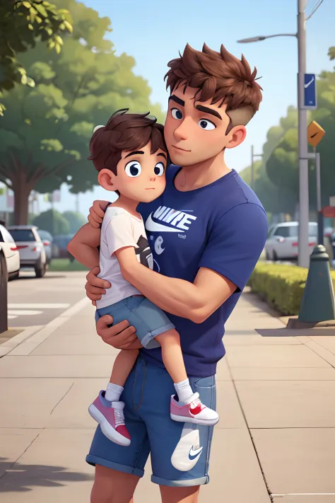 "Daddy kissing his little boy on the cheek", light brown hair, Father Spotted Wearing Jeans, Vasco da Gama shirt and Nike dunk panda sneakers, Little boy is seen wearing shorts, Vasco da Gama shirt and Nike dunk panda sneakers, Realistic, high resolution, ...