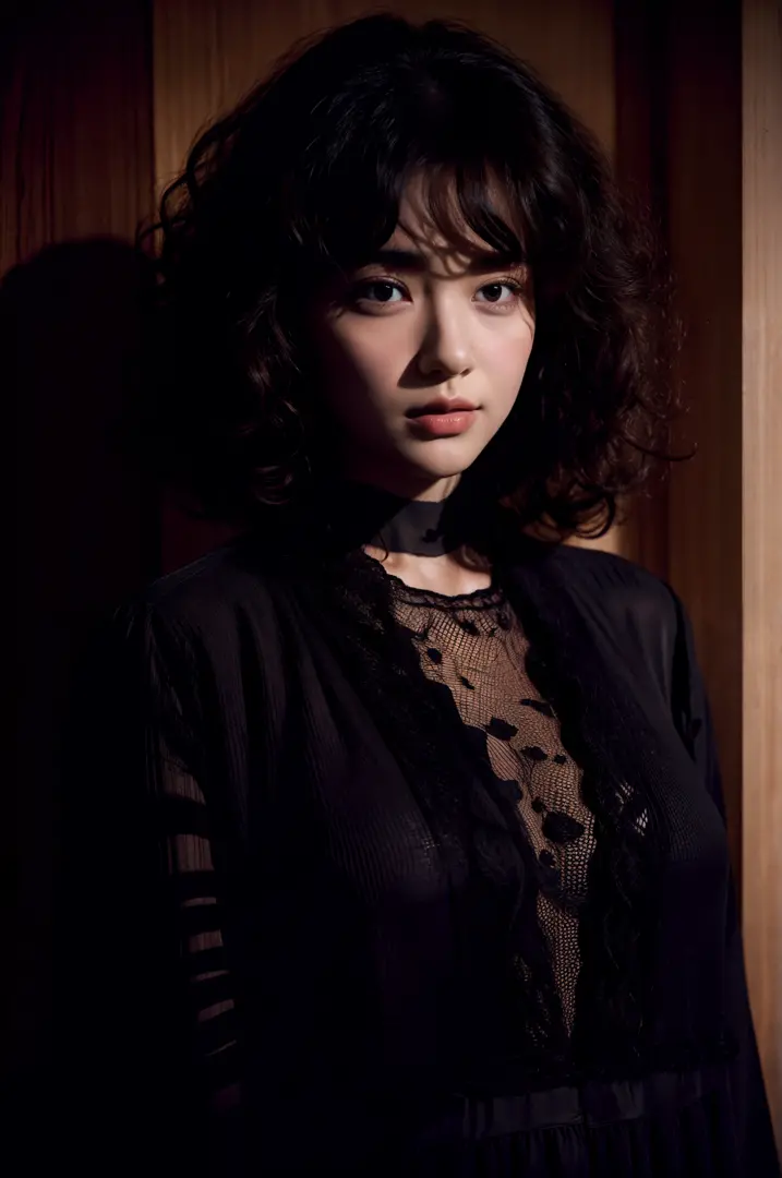 1girl,curly hair,in the dark, medium shadow black clothing