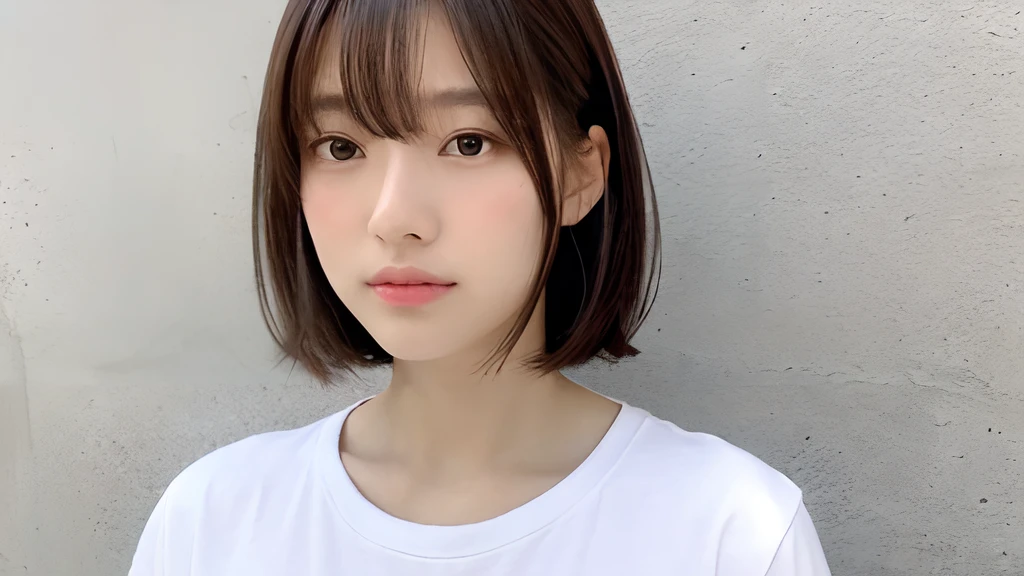 (top-quality、16K resolution)女の子1人、独奏、natural soft light、small tits、A Japanese Lady、Looking at the camera、Long sleeve white T-shirt、Concrete background、Facing the front、is standing、bobhair、Woman in her late teens、Light bangs、short-hair、Salon model、Natural look、portlate、floated hair、Rolled hair