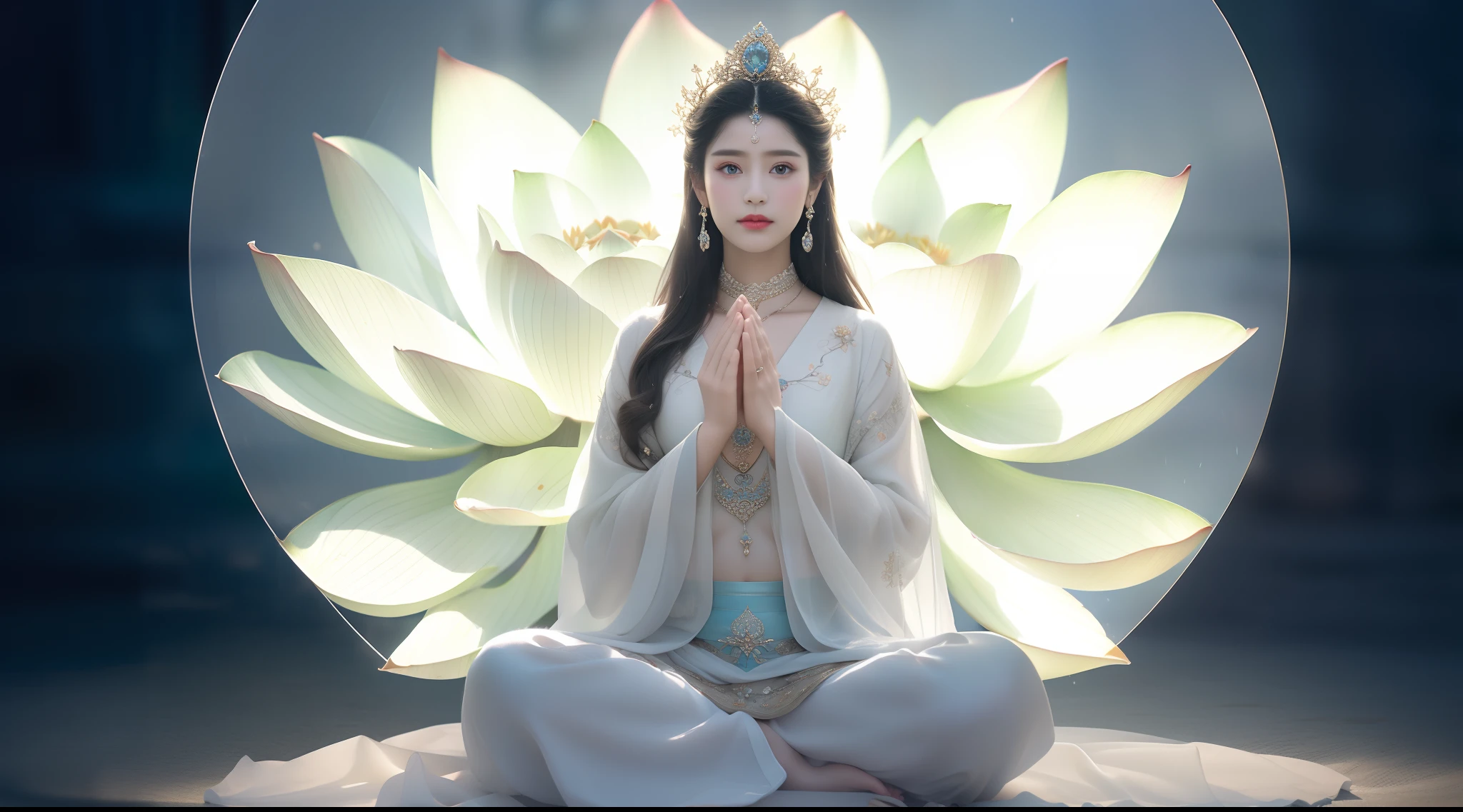 There is a beautiful goddess in the void meditating cross-legged on a large lotus flower，Perfect body posture，A meditative，Long curved eyebrows，Beautiful eyes sparkle，The large, Jewel-like eyes sparkle，Clear pupils have reflected light，二重まぶた，（（Plump and rosy lips）） Clearly visible，（（Flushed cheeks）），The mandible is plump，Fair skin is delicate and smooth，Delicate skin translucent，A delicate and dexterous crown，inlaid gemstones，Exquisite and ingenious，inlaid gemstones，Sitting on a light red lotus in the air，look straight at the camera，（（Pinch the stem of the lotus flower with one hand）），(((nice hand)))，（（（（Good feet））），（（（good legs））），realisticlying，white skinned，（（Correct body structure）），White clothing，decorated in white，Meditate on the lotus pose，baiyun，Blue sky，Head background with round light，Behind him is a colorful rainbow circle，Color glow is turned on，Front lighting，Positive light，No shadows on the face，There are no shadows on the body，Blue sky，Unreal space，ethereal world，dreamworld，with blue sky and white clouds，tmasterpiece，4K，ultra-definition，professional photoshooting，Perspective looks up，Standard lens shooting，