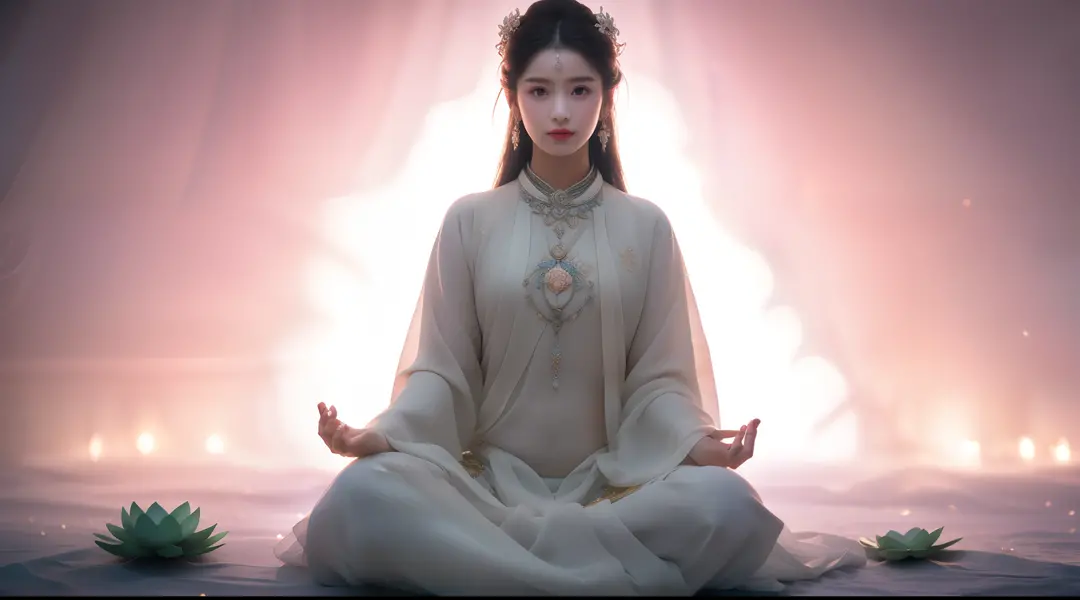 there is a beautiful goddess in the void meditating cross-legged on a large lotus flower，perfect body posture，a meditative，long ...