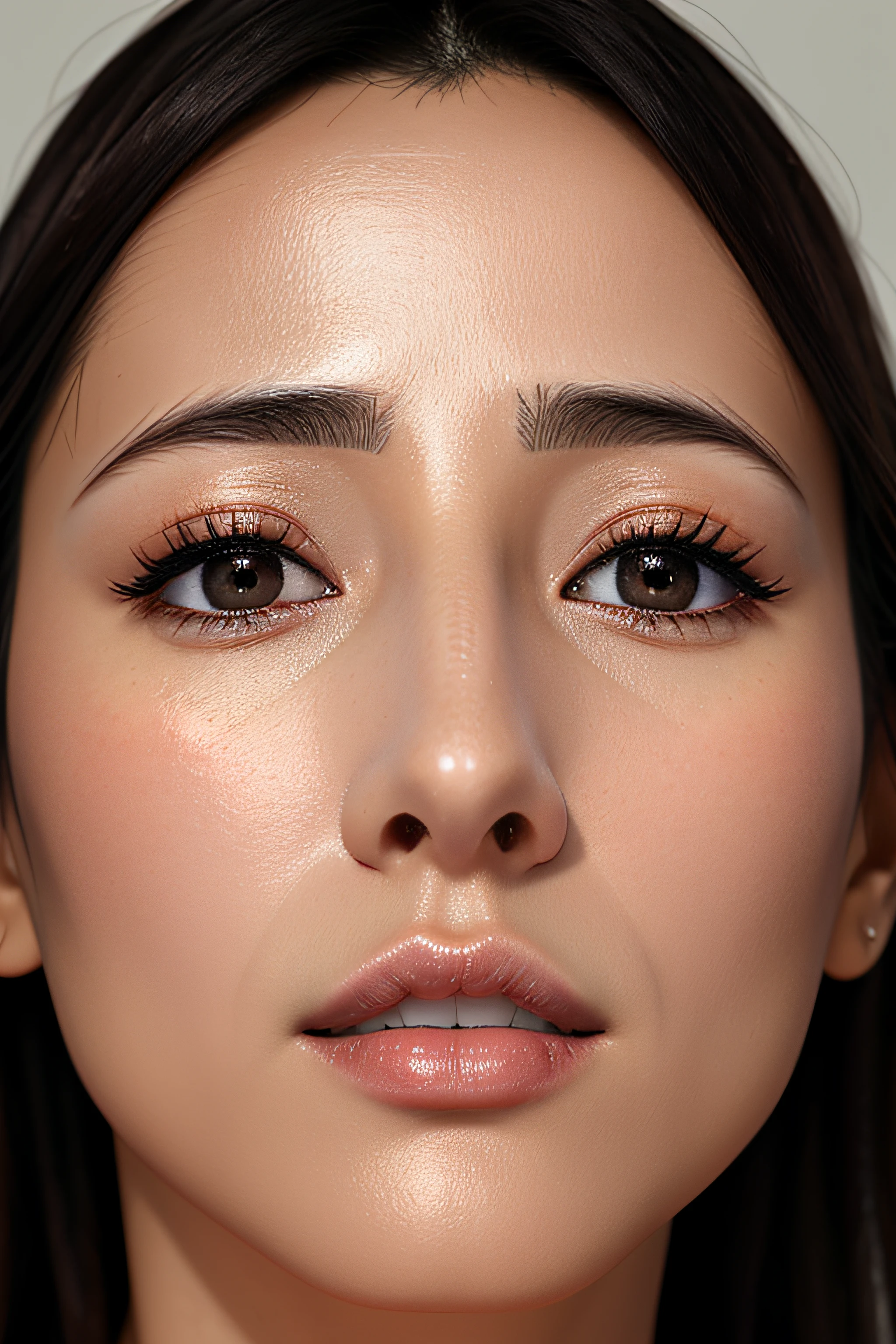 masutepiece,,award - winning photo, Extremely detailed、35 year old、A dark-haired、Glossy skin、Close-up of face,(Realistic nostrils)、Lens Distortion Removal、Realistic skin texture、Reproduction of pores、profile、1girl in,elongated nostrils、