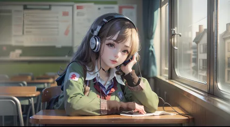 After School Classroom School Girl, Uniform, Cute, Sexy, headphone, listening music, romantic,