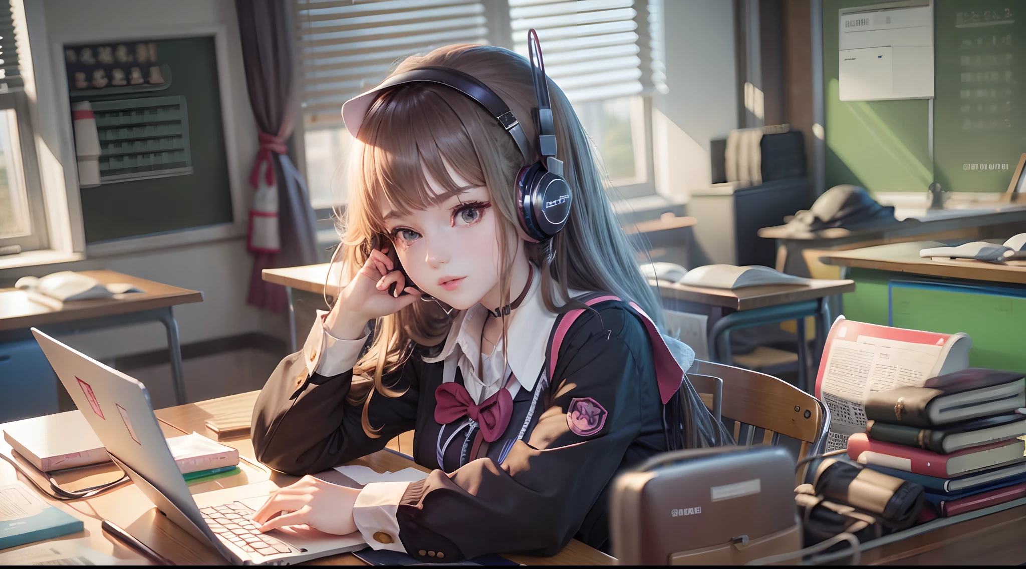 After School Classroom School Girl, Uniform, Cute, Sexy, headphone, listening music, romantic,