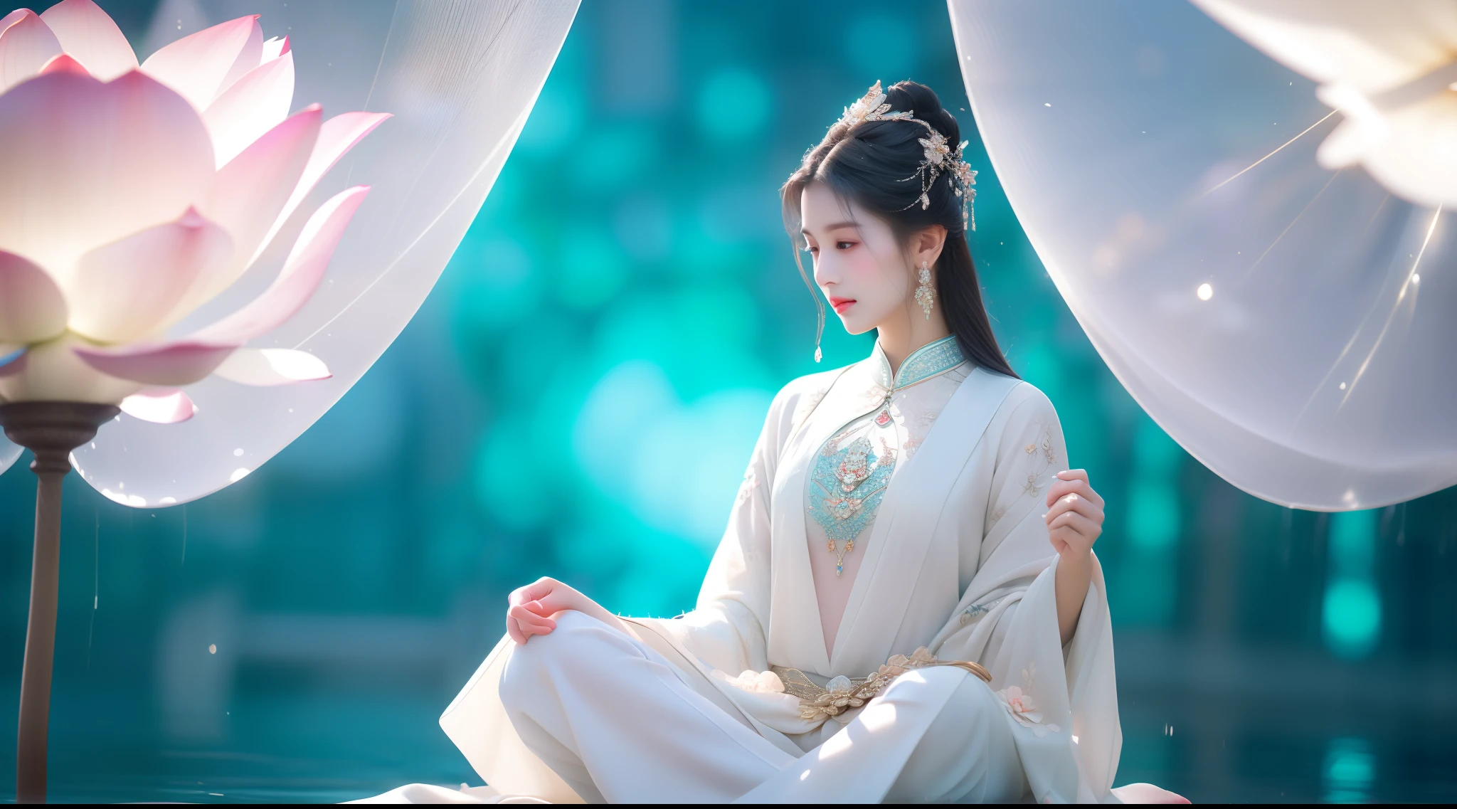 There is a beautiful goddess in the void meditating cross-legged on a large lotus flower，Perfect body posture，A meditative，Long curved eyebrows，Beautiful eyes sparkle，The large, Jewel-like eyes sparkle，Clear pupils have reflected light，二重まぶた，（（Plump and rosy lips）） Clearly visible，（（Flushed cheeks）），The mandible is plump，Fair skin is delicate and smooth，Delicate skin translucent，A delicate and dexterous crown，inlaid gemstones，Exquisite and ingenious，inlaid gemstones，Sitting on a light red lotus in the air，look straight at the camera，（（Pinch the stem of the lotus flower with one hand）），(((nice hand)))，（（（（Good feet））），（（（good legs））），realisticlying，white skinned，（（Correct body structure）），White clothing，decorated in white，Meditate on the lotus pose，baiyun，Blue sky，Head background with round light，Behind him is a colorful rainbow circle，Color glow is turned on，Front lighting，Positive light，No shadows on the face，There are no shadows on the body，Blue sky，Unreal space，ethereal world，dreamworld，with blue sky and white clouds，tmasterpiece，4K，ultra-definition，professional photoshooting，Perspective looks up，Standard lens shooting，