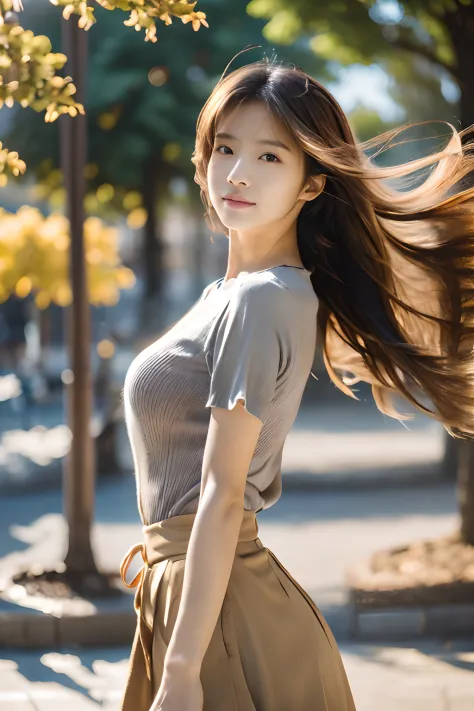Photo of stunning beautiful woman standing in dynamic sexy pose, (Endless Long Extra Long brown Hair),(blown by the wind) ((Her ...