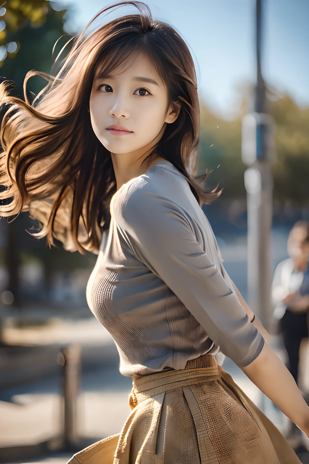 Photo of stunning beautiful woman standing in dynamic sexy pose, (Endless Long Extra Long brown Hair),(blown by the wind) ((Her wind-blown hair is、Fluttering around her: 1.5)) Pose in the city center of Paris Nice Park in the back, Wearing (Grey knitted shirt、Red bean-colored long skirt、), (Lighting-Gold:1.3), (masutepiece) (Photorealistic:1.7) (Best Quality), dynamic compositions, (colour grading) (Detailed skin:1.5) (Convoluted) (16 K) (nffsw) (Cinematic lighting:1.4) (Sharp Focus), (wind blowing hair:1.5)、smil、