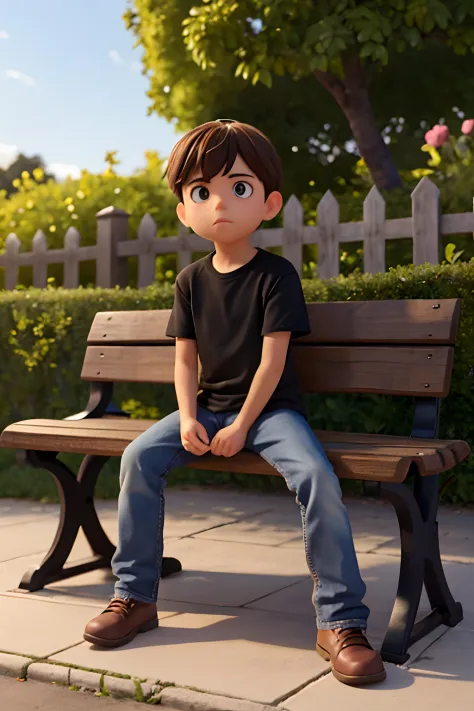 A imagem mostra um menino sentado em um banco de madeira, which is located near a fence. The boy is wearing a black shirt and appears to be looking at the camera. The bench is positioned in the middle of the scene, com a cerca estendendo-se para os lados e...