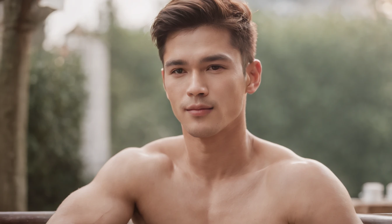 photo of stunning handsome muscular naked Thai men, no female, honey eyes, no shirt short messy windy light brown hair, flipping hair, closeup zoomed in tight crop portrait, sitting outdoors at a cafe, look you look at me, top-view (out door french coffee shop scene:1.2) (wearing no shirt:1.3) (coffee in hand:1.3) (Lighting-blue:1.2) foreground objects background details (masterpiece:1.2) (photorealistic:1.2) (bokeh:1.2) (best quality) (color grading) (detailed skin:1.3) (intricate) (8k) (HDR) (cinematic lighting:1.3) (sharp focus), messy windy hair Paris France