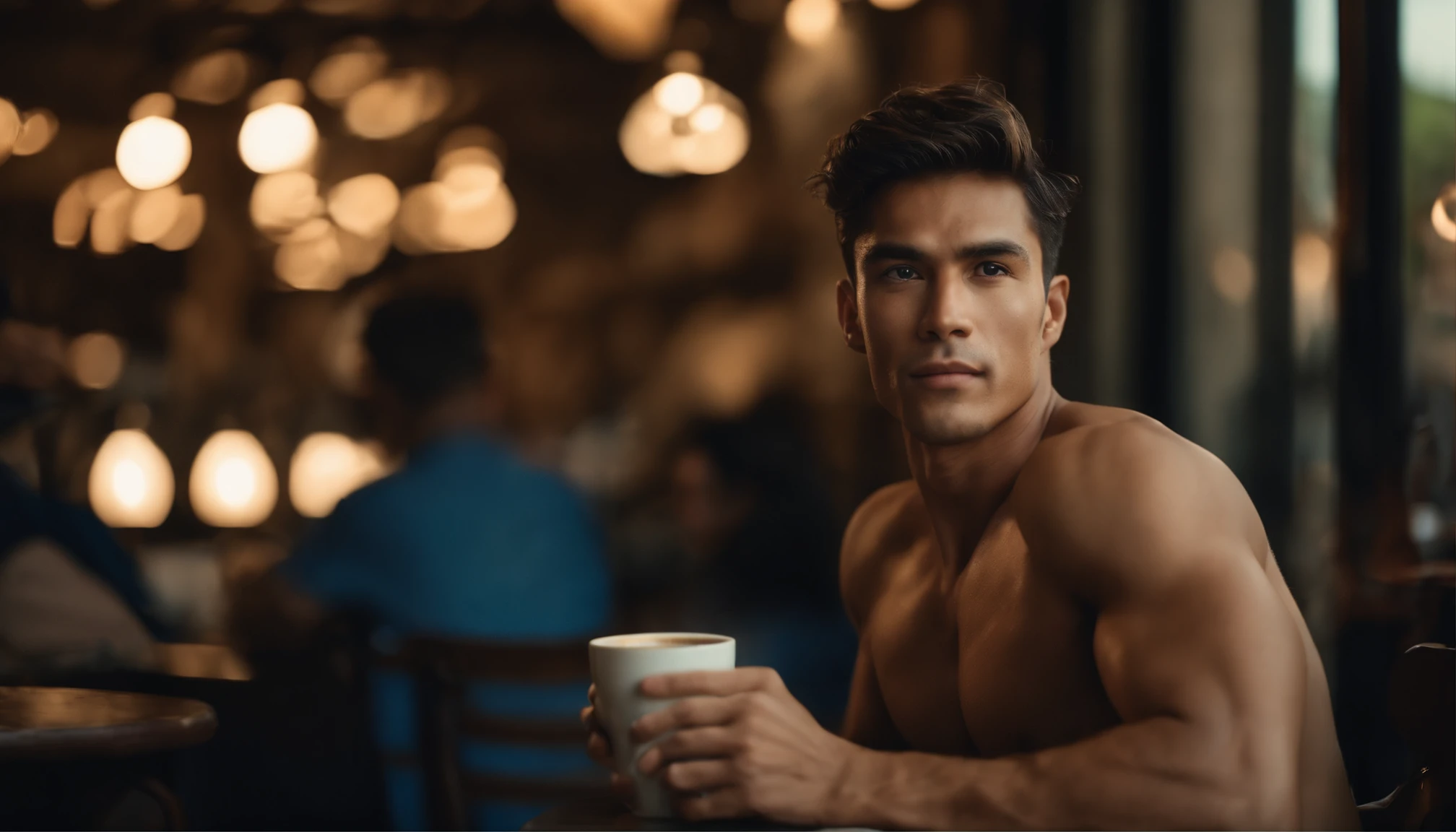 A shirtless man sitting at a table with a cup of coffee - SeaArt AI