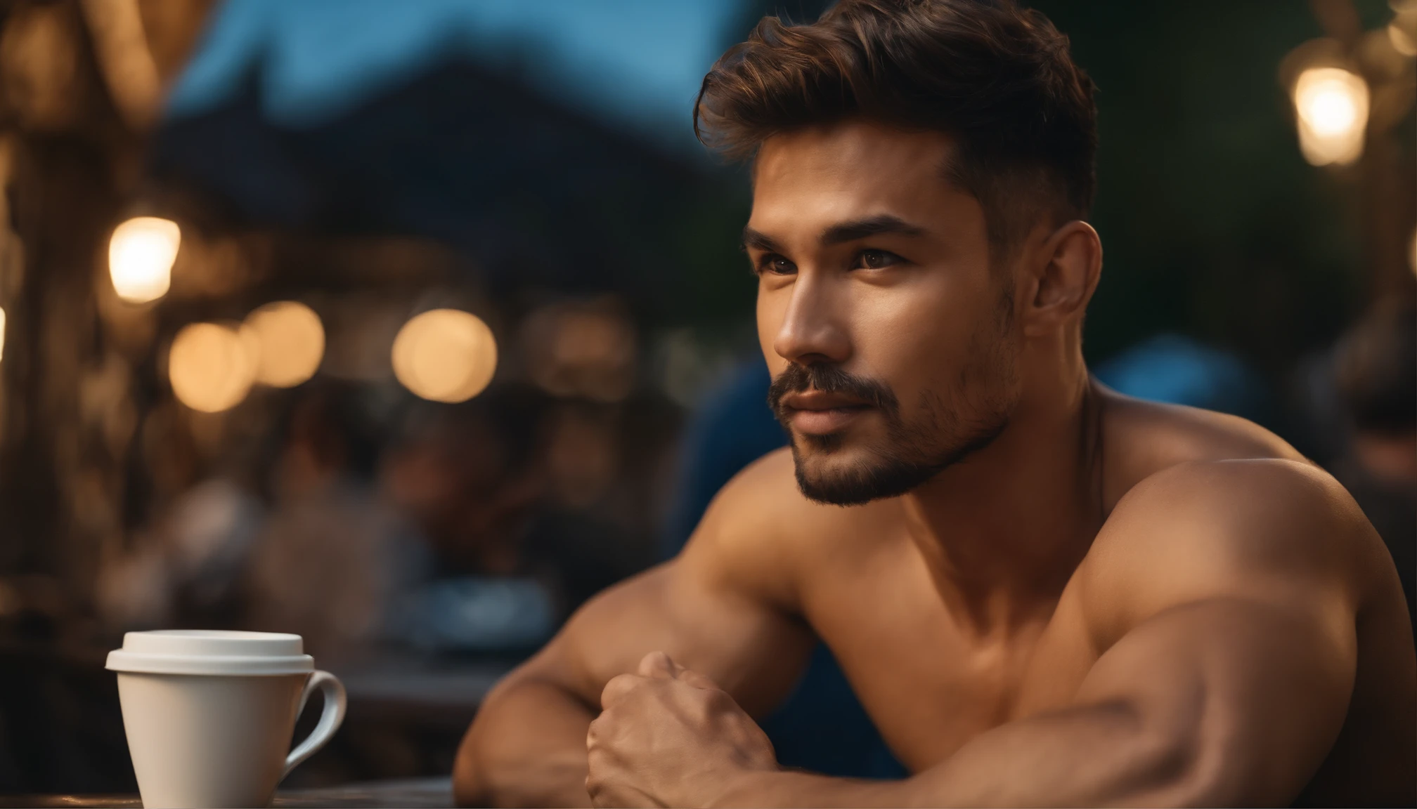 A close up of a man sitting at a table with a cup of coffee - SeaArt AI