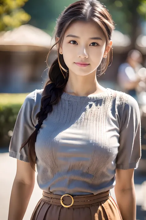 1girl , Wearing (Grey knitted shirt、Red bean-colored long skirt、), (Lighting-Gold:1.3), (masterpiece) (Photorealistic:1.7) (Best...