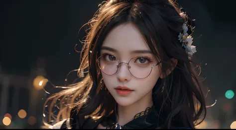 A witch girl wearing beautiful glasses in a magical fantasy world.......,Stand under the starry sky, With sparkling eyes and cha...