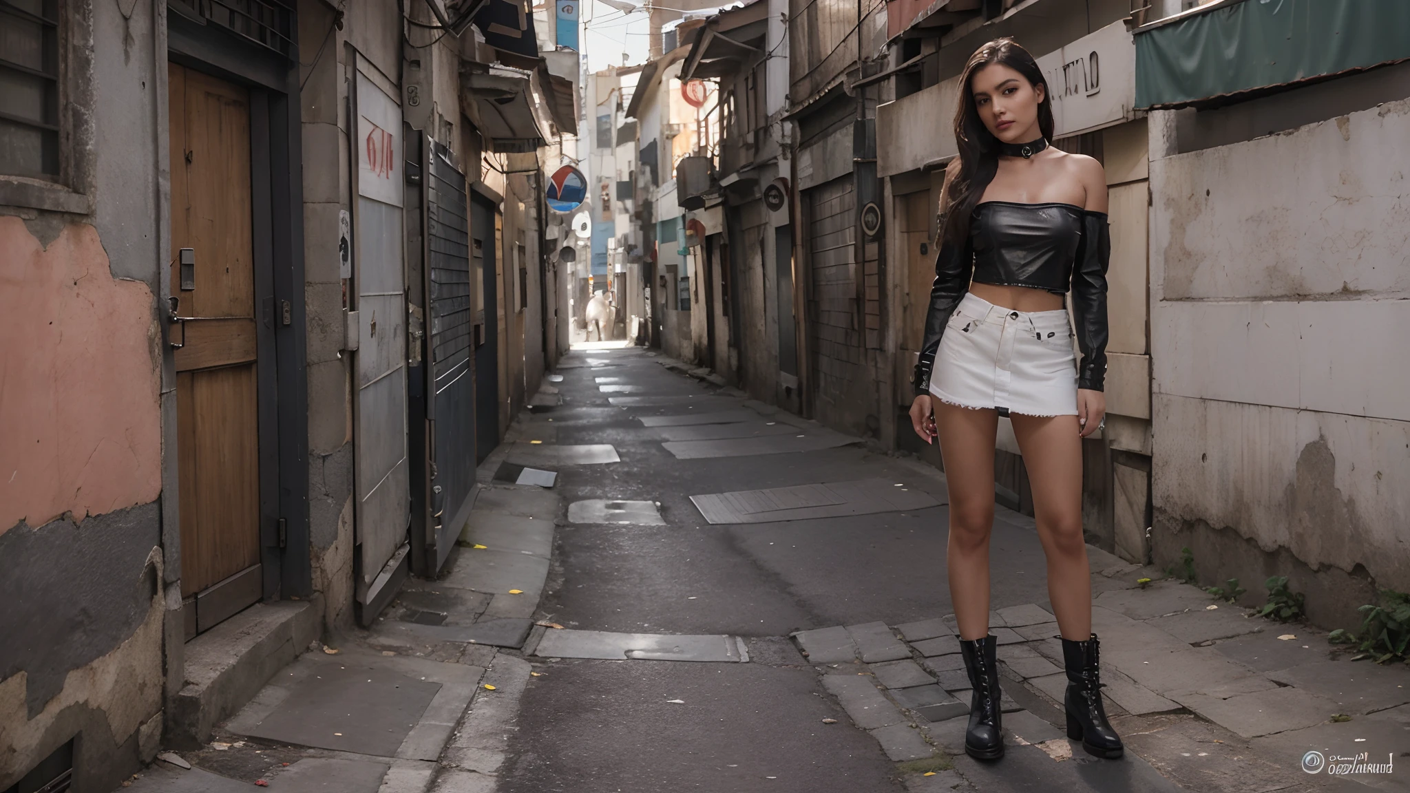 Araffe woman in a short skirt and leather jacket standing in an alley -  SeaArt AI