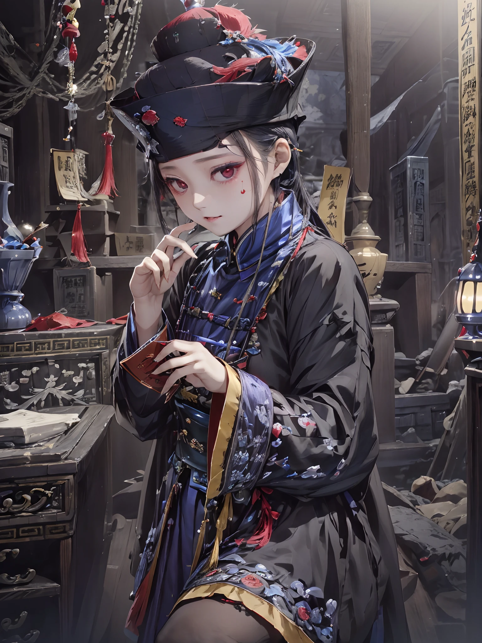 absurderes, (独奏:1.5,)ultra-detailliert, Delicate beautiful face,(jiangshi:1.4), mid night,Dark scenery