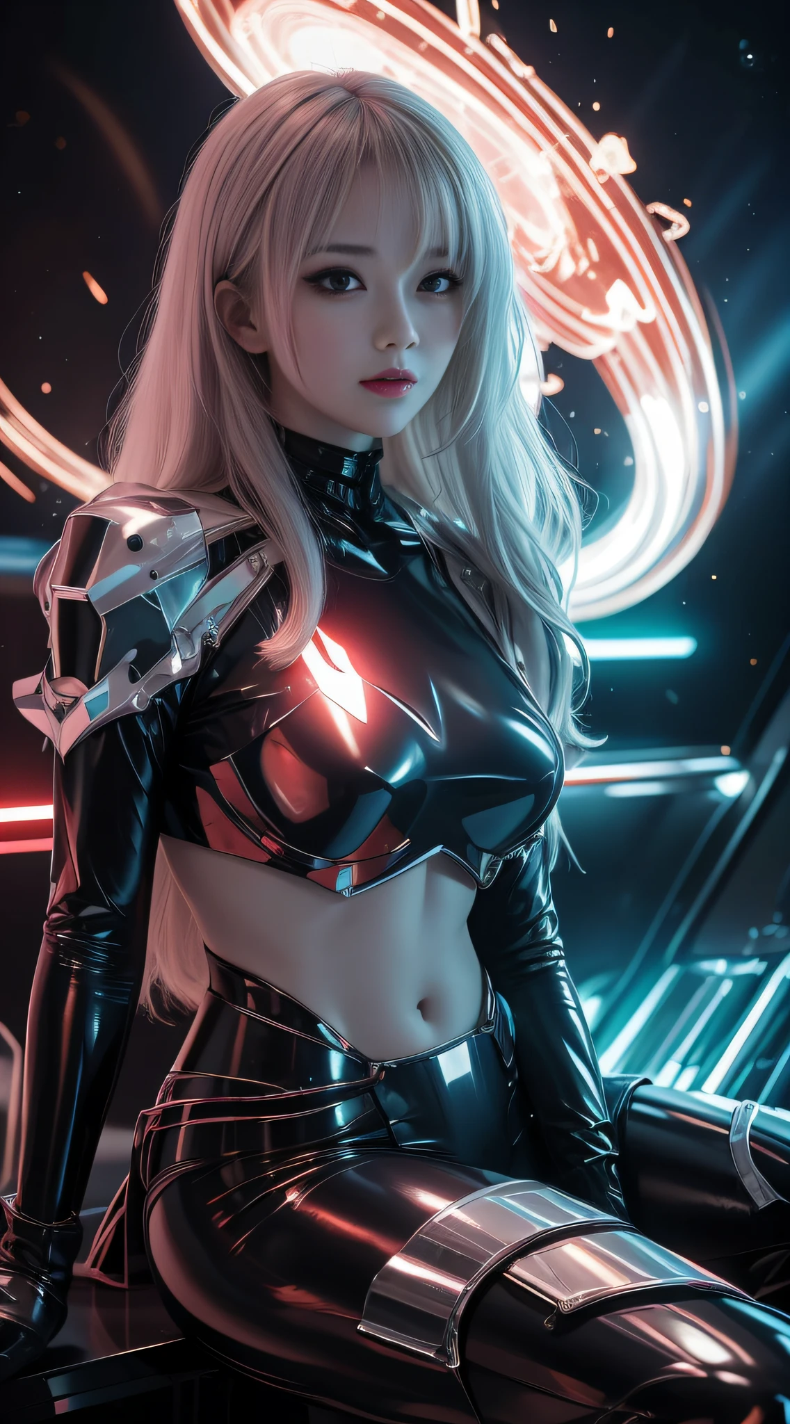 8K  UHD, materpiece, A beautiful girl, A detailed eye, Good face, Fine eyebrows, Cyberpunk costumes, Lightning costume, Cyberpunk, Cyberspace, Cyberpunk shiny colored background, neon-light-effect, Extended lighting, red lighting, Sitting, Body capture,