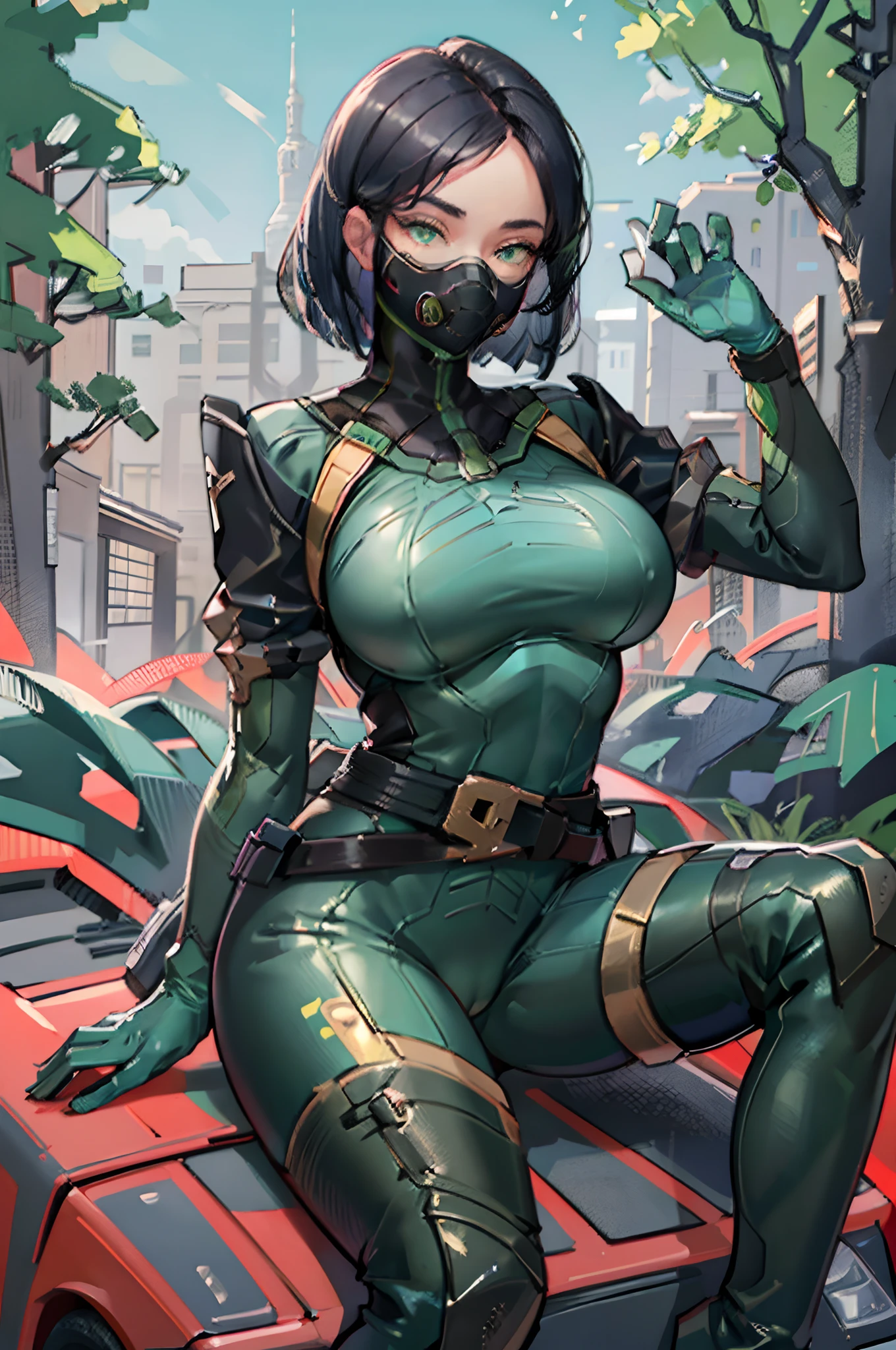 (masterpiece), best quality, expressive eyes, perfect face, 8K resolution, hyper detailed photo, high detailed eyes, bold lines, photoscape, ruin background, bright sky, trees, shades, sitting on a car, holding gun, ((huge breasts)), valorantViper, green eyes, bodysuit, gloves, belt, thigh boots, respirator