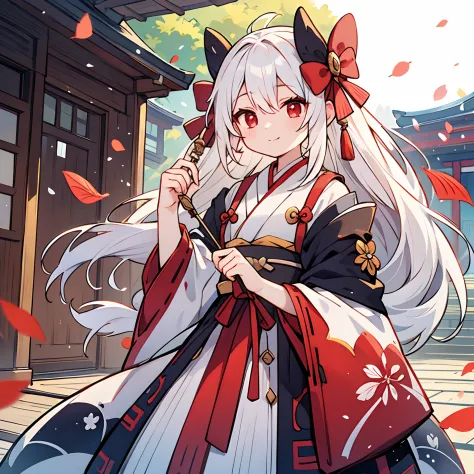 Male teenager、white  hair、It is tied close to the ends of the hair.、Red eyes、White Onmyoji Costume、Hold the bow、Kyoto、Colored leaves、cheerful look