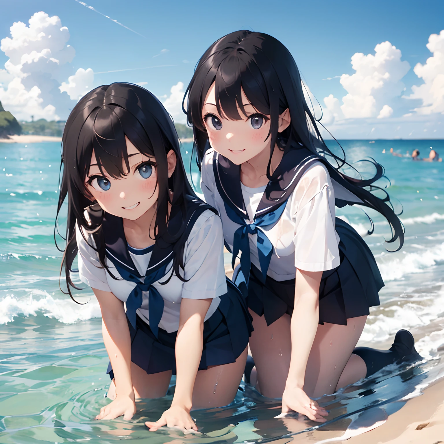 Dark blue pleated skirt,a sailor suit(White summer clothes、Dark blue ribbon、Ultra mini skirt),cute smile face,sodden,hi-school girl,the beach,A dark-haired,Long straight hair,2guys,all-fours,playing in the water,Two people standing side by side in a pose on all fours,