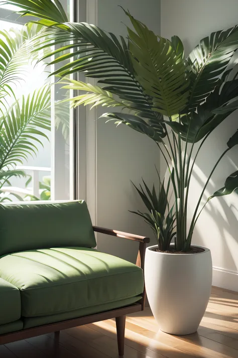 palmeiras tropicais, Uma planta, High-quality tropic rendering, atmosfera tropical, design de embalagens, folhagem tropicalem vaso branco