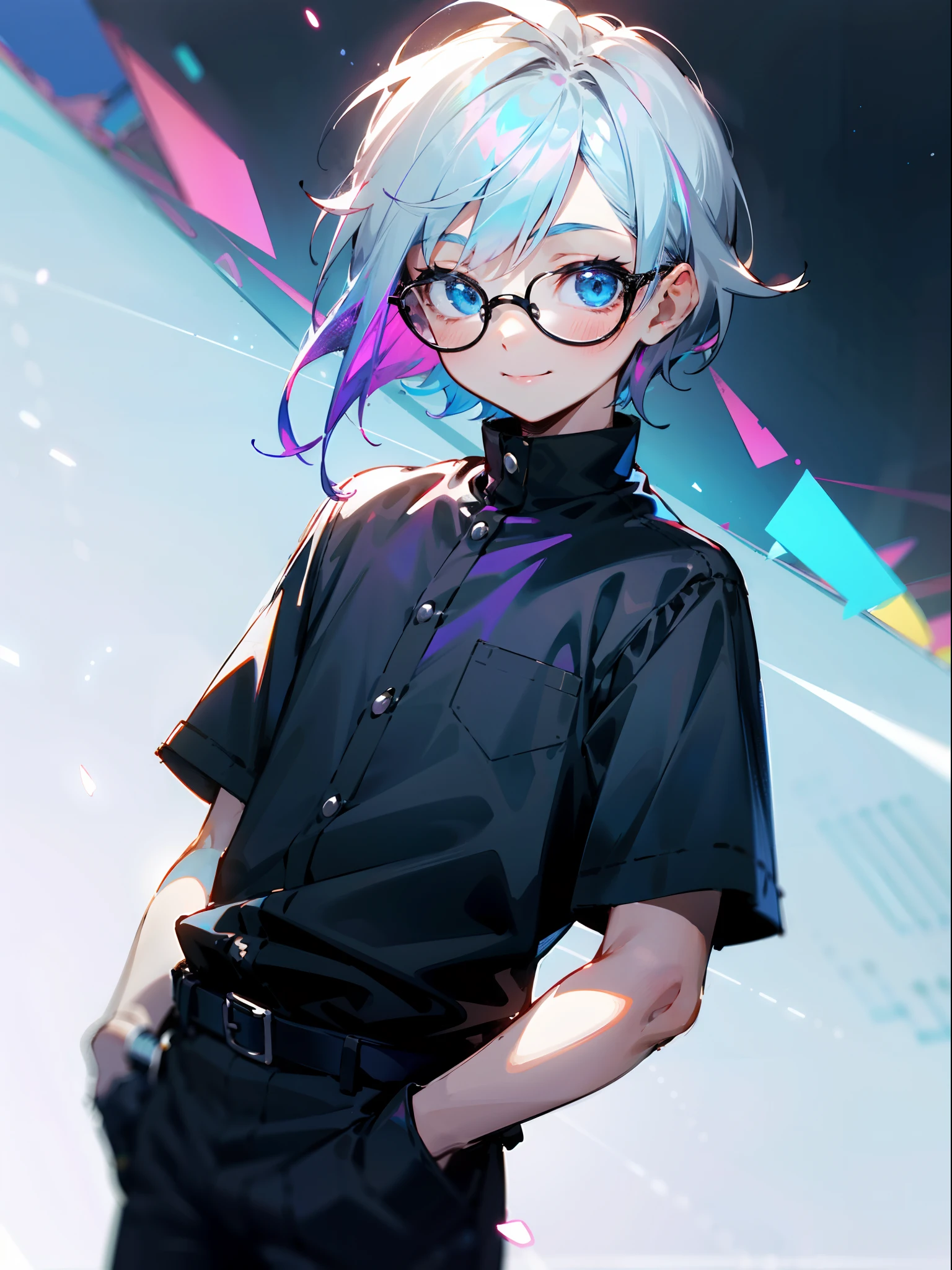 Male child, Black glasses,blue eyess,Cowboy Shots,A smile, silber hair，Daytime，Iridescent background，