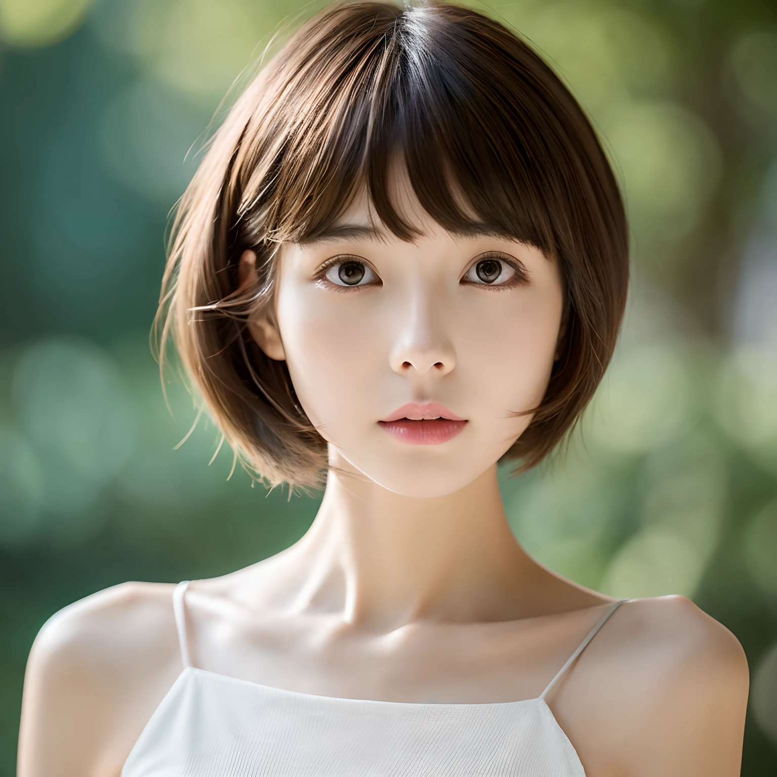 A close up of a woman with a short haircut and a white top - SeaArt AI