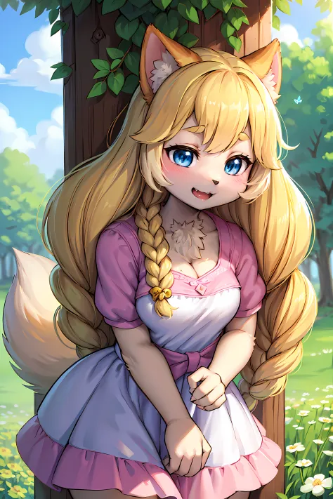 A furry girl,Doggy-like ears with fluffy dogs,A fluffy dog-like tail,Cute facial expressions,Beautiful detailed eyes,long eyelasher,soft pink lips,fashionable attire,Cute dog nose that belongs to a human girl,Furry coat,Blur textures,Natural lighting,Vibra...