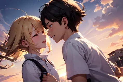 masterpiece, best quality, movie still, boy and girl, cloud boy and girl, floating in the sky, close-up, bright, happy, warm soft lighting, sunset, (sparks:0.7)
