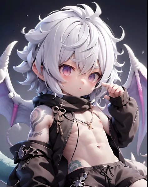 Men, musculature, incantation, Tattoos, White hair, Different pupil longans, There is a small dragon lying on his stomach，Dark, Light represents.