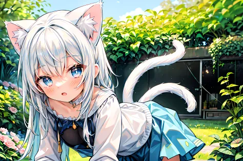 original, (masterpiece), (illustration), (extremely fine and beautiful), perfect detailed, photorealistic, (beautiful and clear background:1.25), (depth of field:0.7), (1 cute girl with (cat ear and cat tail:1.2) stands in the garden:1.1), (cute:1.35), (de...