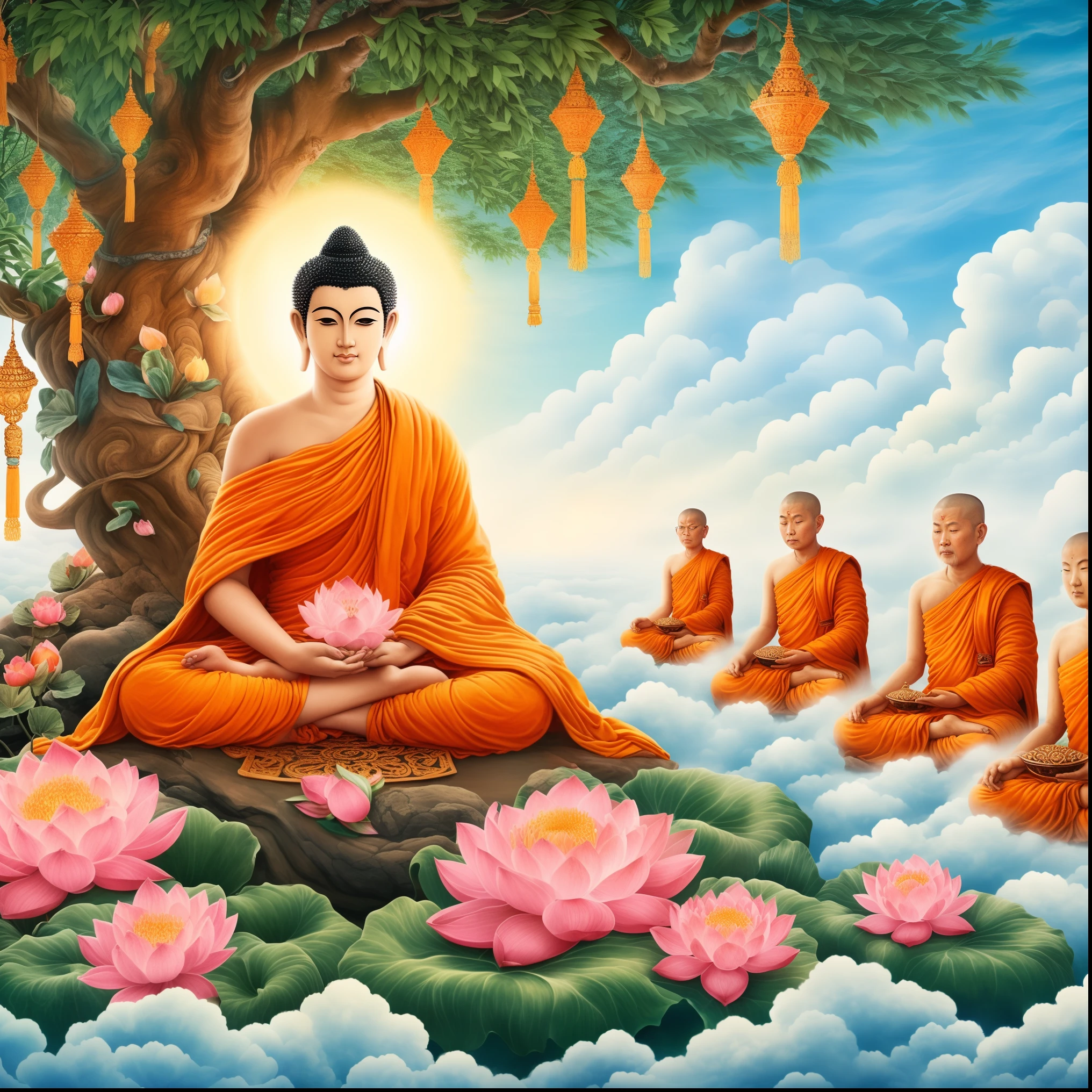 Buddha sitting in lotus position with other monks in the background -  SeaArt AI