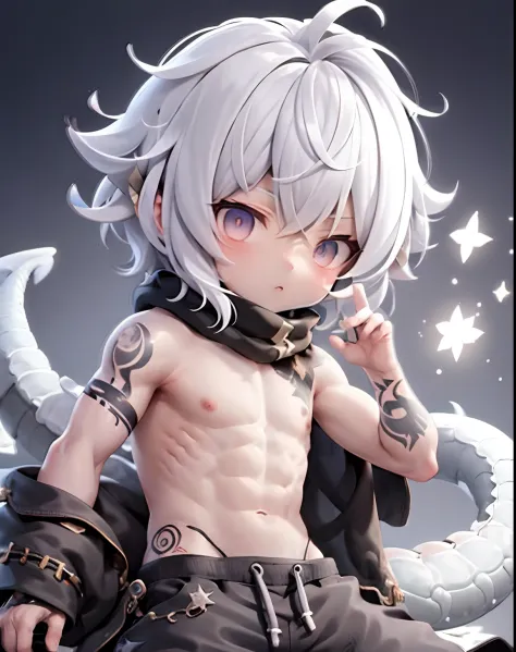 Men, musculature, incantation, Tattoos, White hair, Different pupil longans, There was a small dragon lying on his stomach，Dark, Light represents.