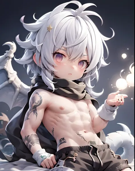 Men, musculature, incantation, Tattoos, White hair, Different pupil longans, There was a small dragon lying on his stomach，Dark, Light represents.