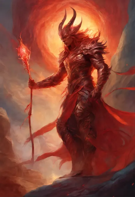 Dieu du sang monstrueux humanoïde mâle, armé d'une faux rouge et dégageant de la puissance par une aura terrifiante