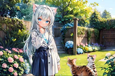 original, (masterpiece), (illustration), (extremely fine and beautiful), perfect detailed, photorealistic, (beautiful and clear background:1.25), (depth of field:0.7), (1 cute girl with (cat ear and cat tail:1.2) stands in the garden:1.1), (cute:1.35), (de...