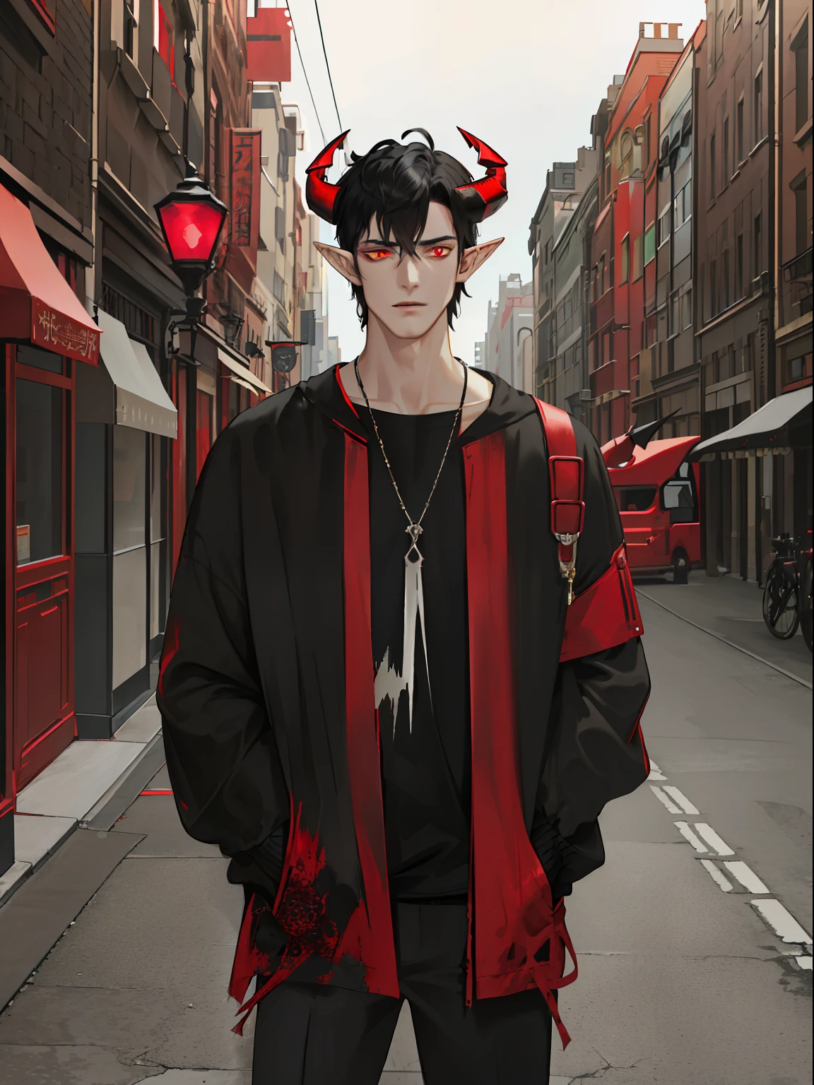 Anime boy with horns and horns on his head standing in the middle of a  street - SeaArt AI