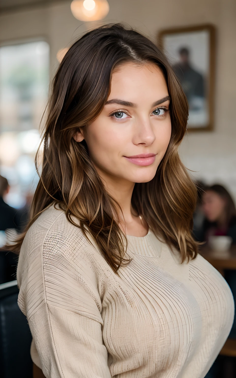 Full body standing, Beautiful brunette with blonde highlights wearing a beige sweater (in a cafe drinking soda), highly detailed, 22 years old, , boobs, innocent face, natural wavy hair, blue eyes, high resolution, Masterpiece, Best quality, Intricate high detail, Highly detailed, Sharp focus, Detailed skin, realistic skin texture, texture, detailed eyes, professional, 4k, charming smile, shot on Canon, 85mm, shallow depth of field, Kodak Vision Color, Perfect Fit Body , extremely detailed, photography_\(ultra\), Photorealistic, Realistic, Post-processing, maximum details, roughness, real life, ultra realistic, Photorealism, photography, 8k UHD, photography, busty