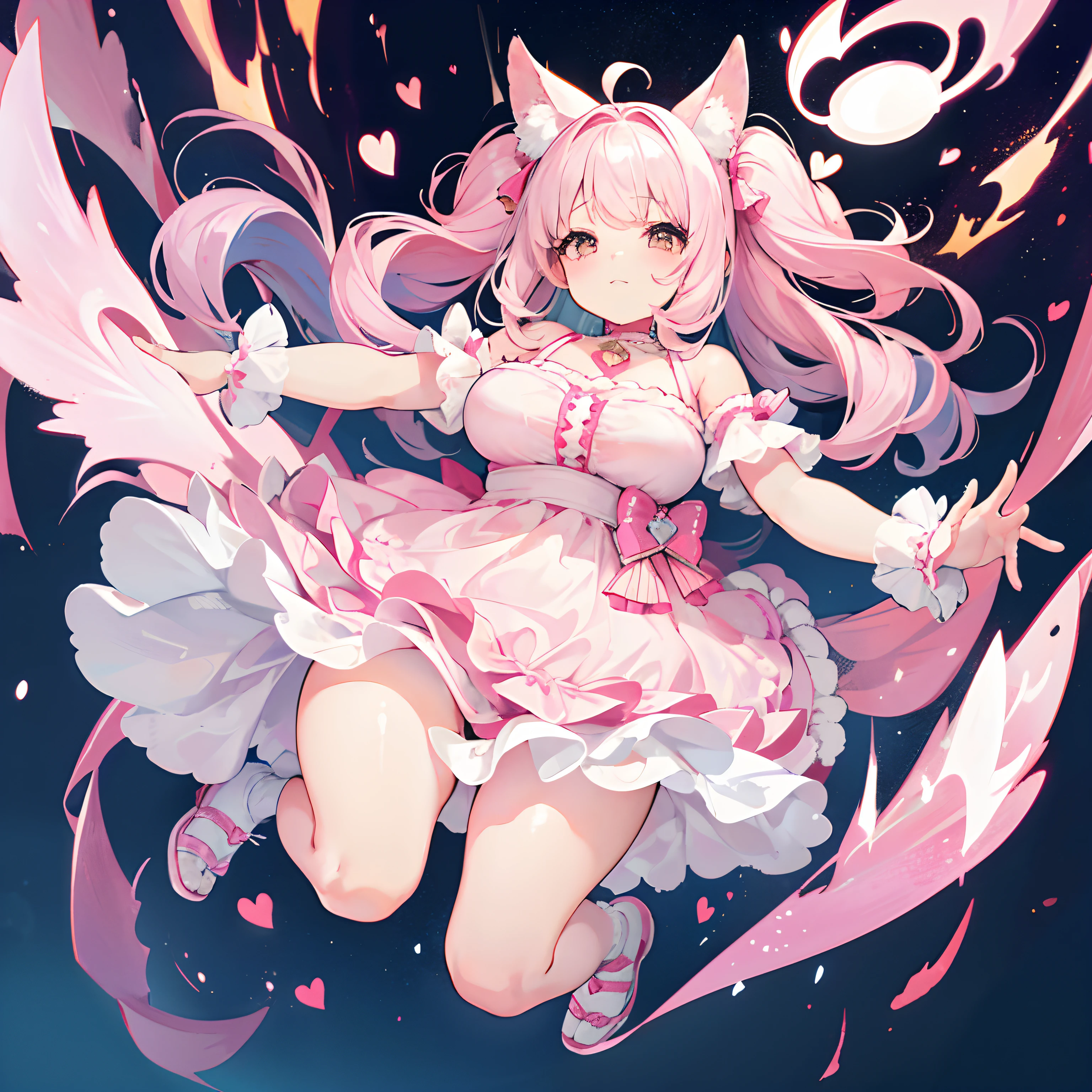 Anime girl with pink hair and pink dress flying through the air - SeaArt AI