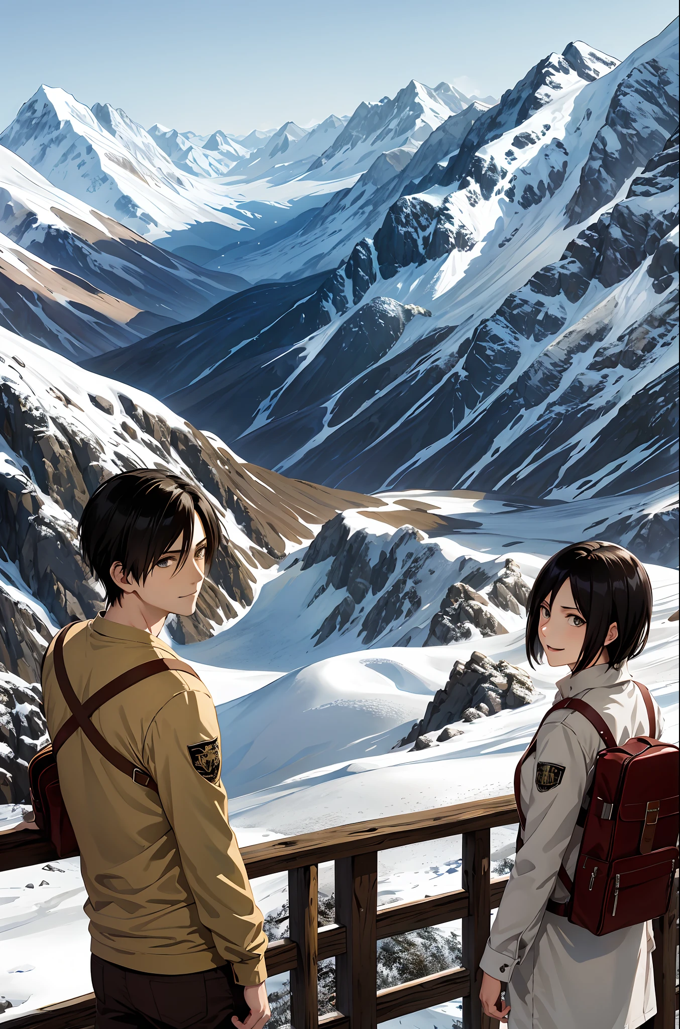 Anime scene of a couple looking at a snowy mountain range - SeaArt AI