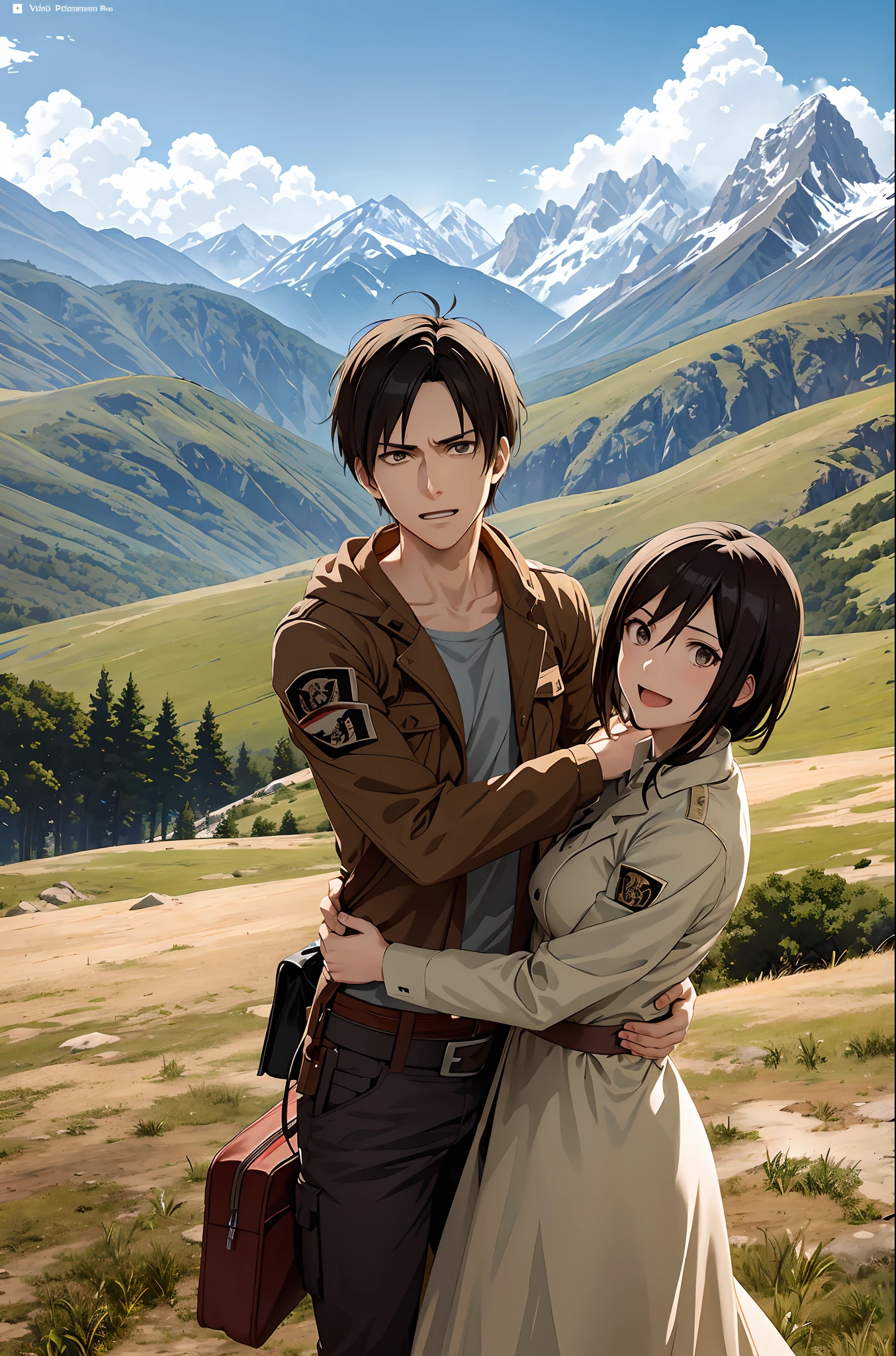 Anime couple in the mountains with a mountain backdrop - SeaArt AI