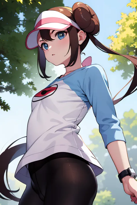 masutepiece、Best Quality、hight resolution、1girl in、Short stature、A slender、RO1, Hair bun, Blue eyes, long twintail, Visor Cap, pantyhose, raglan sleeves, Yellow shorts,, pink bows, wrist watch、plein air、is standing、erect through、Photo of the subject from b...
