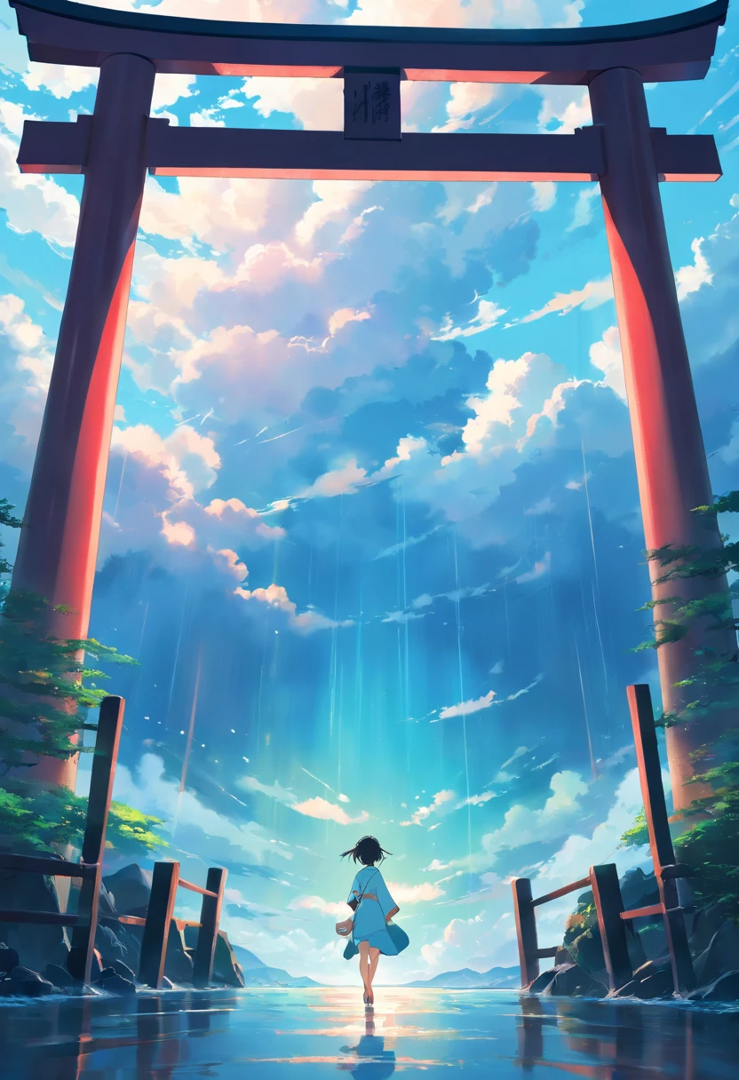 A girl standing in front of a tori tori gate with a sky background ...