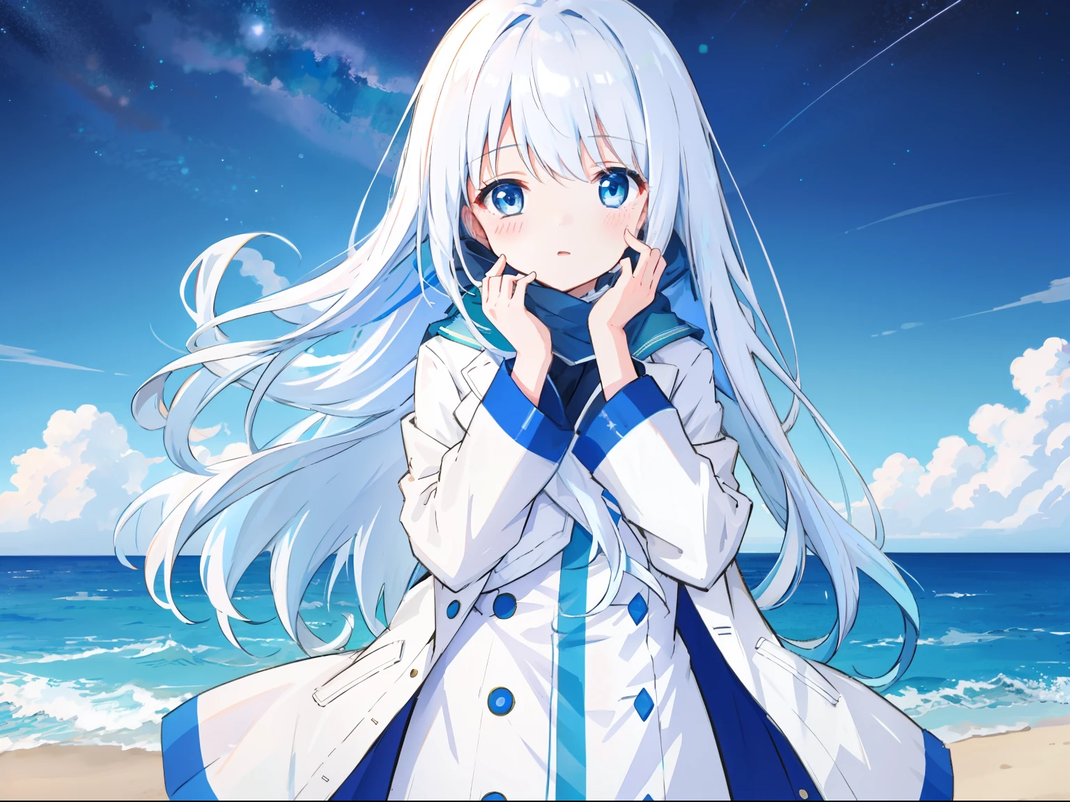 At night，the ocean，There are stars in the sky，1girll，White color hair，long whitr hair，blue color eyes，（Carefully portray the face），Height 166cm，high school senior，adolable，White trench coat，is shy，Cover your face，Be red in the face，Hair fluttering，（Carefully depict the action），（Carefully portray clothes），（Carefully depict the expressions），Day Man Girl，tmasterpiece，8k wallpaper，Ambient light，Poor milk，