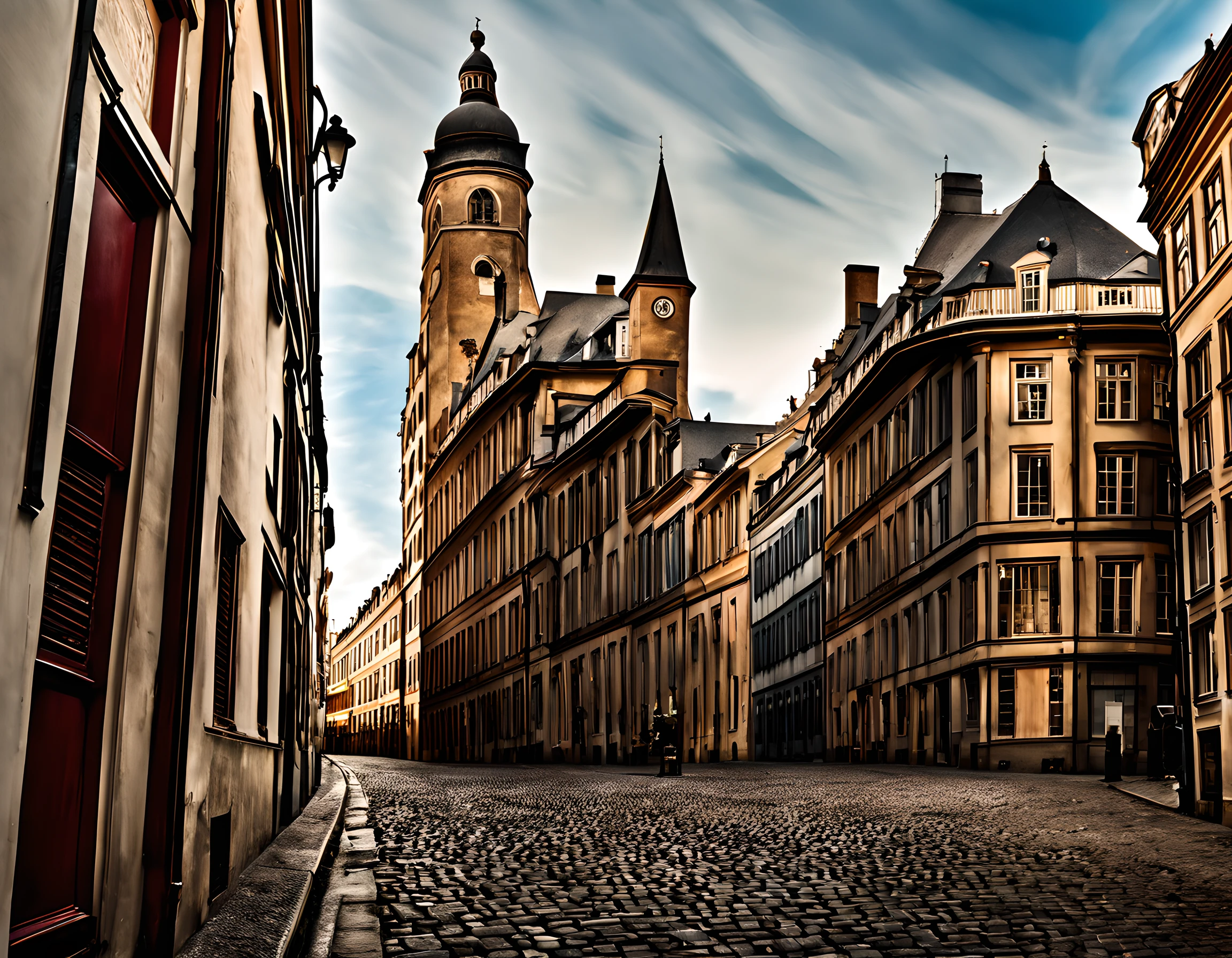 old Vienna, mix between 18th century and Harry Potter Diagon Alley, narrow streets, old wood clad store fronts with ornaments, dark, old street lanterns,