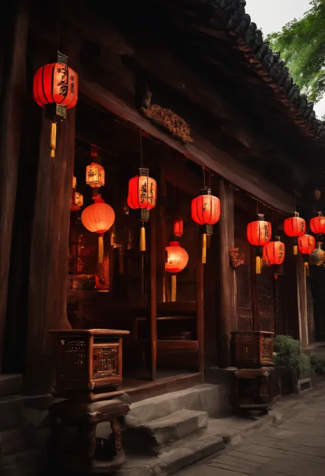 A wooden building with lanterns hanging on the roof, zhouzhuang ancient town, Shop front, old shops, full - view, qiangshu, up front view, shop front, preserved historical, historical context, seen from outside, Ancient construction, Ancient buildings, 12t...