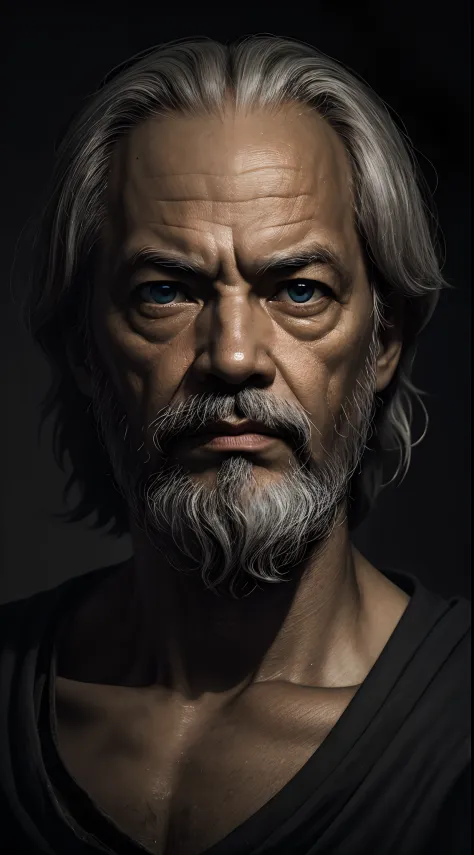 A portrait of A Socrates, eyes fokus on camera,  dark tone, dark background